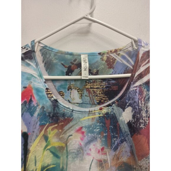 Cubism Womens Wearable Art Top Large Multi Floral Tiered Short Sleeve Abstract - Picture 2 of 6